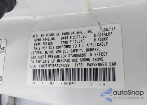 2015 Acura Tlx z USA, uszkodzony, nr VIN 19UUB1F36FA024309